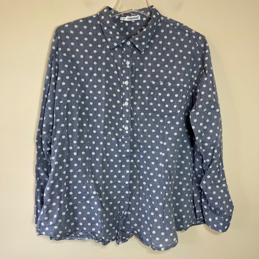 Maurices Womens Blue White Polka Dot Cotton Chambray Button Down Shirt Size 3